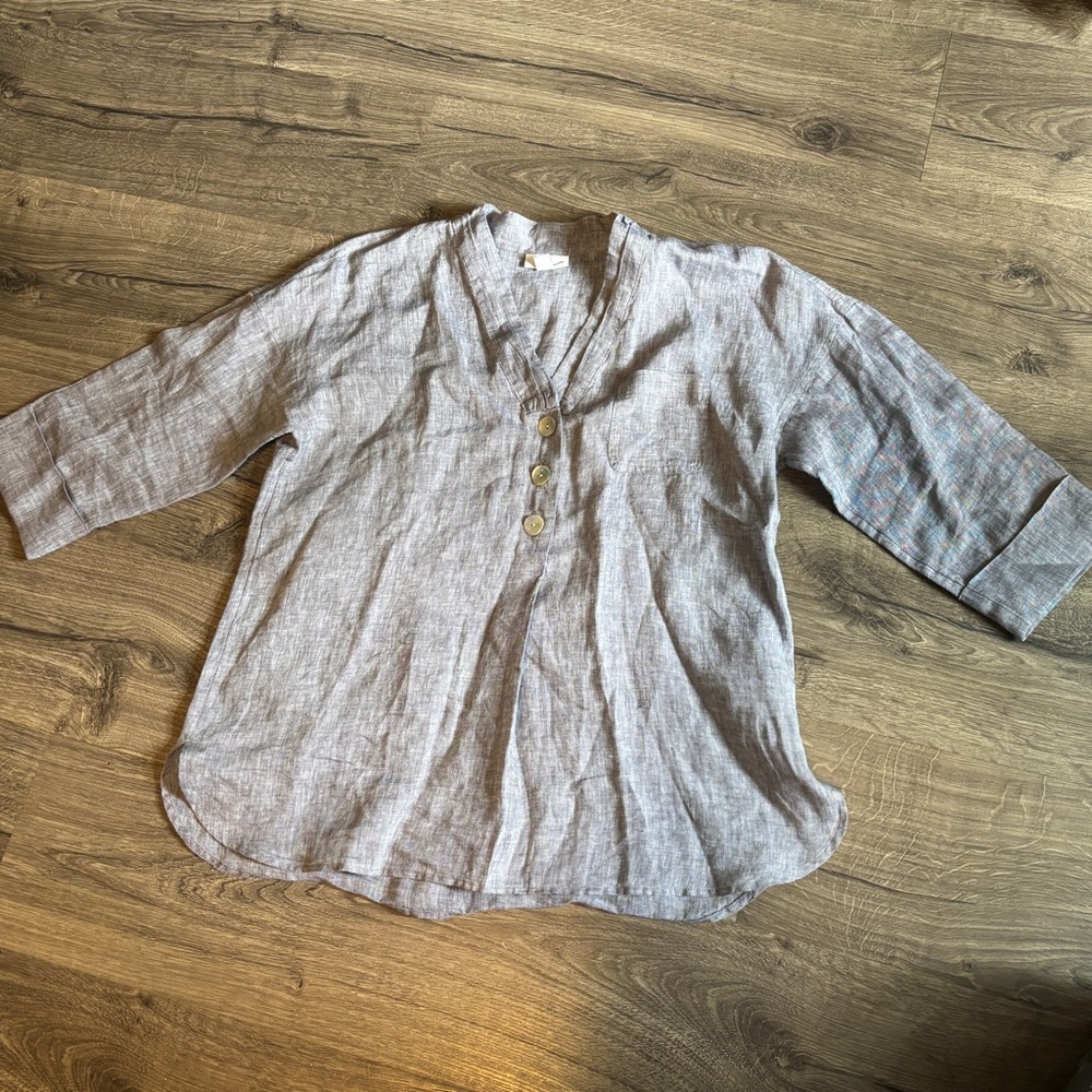 Pure Jill Gray Blue Linen Blouse - Picture 1 of 7
